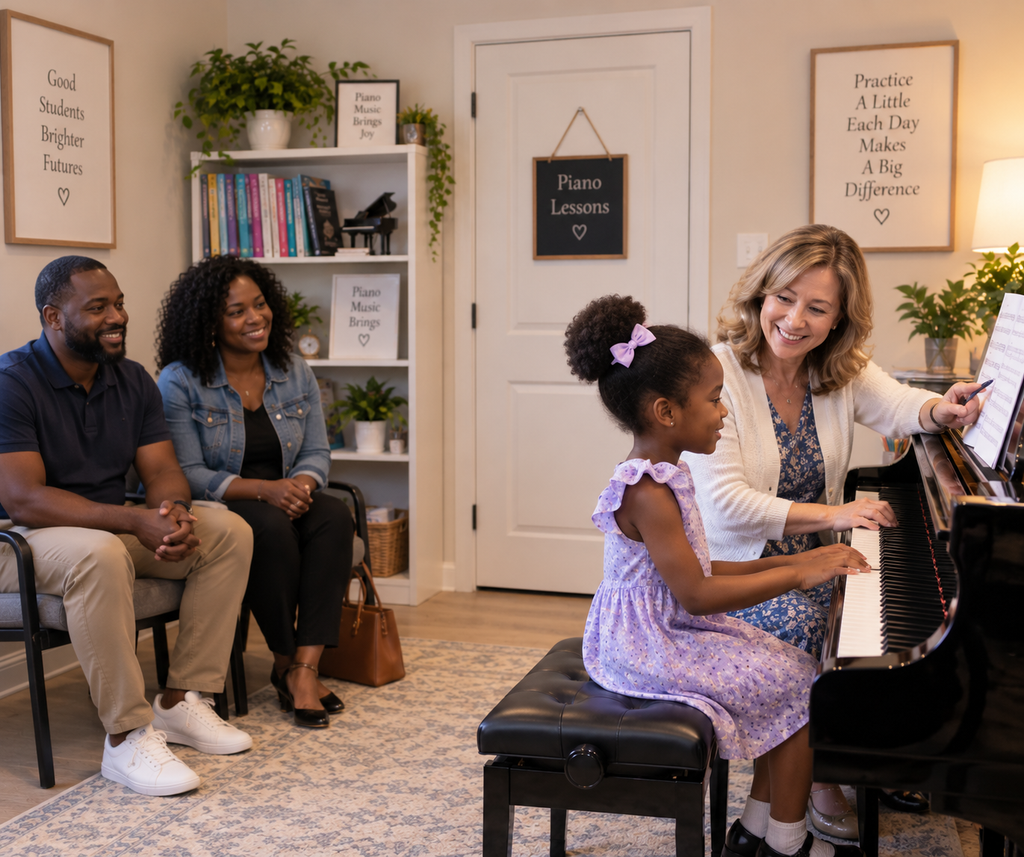 Parents sit in during piano lessons