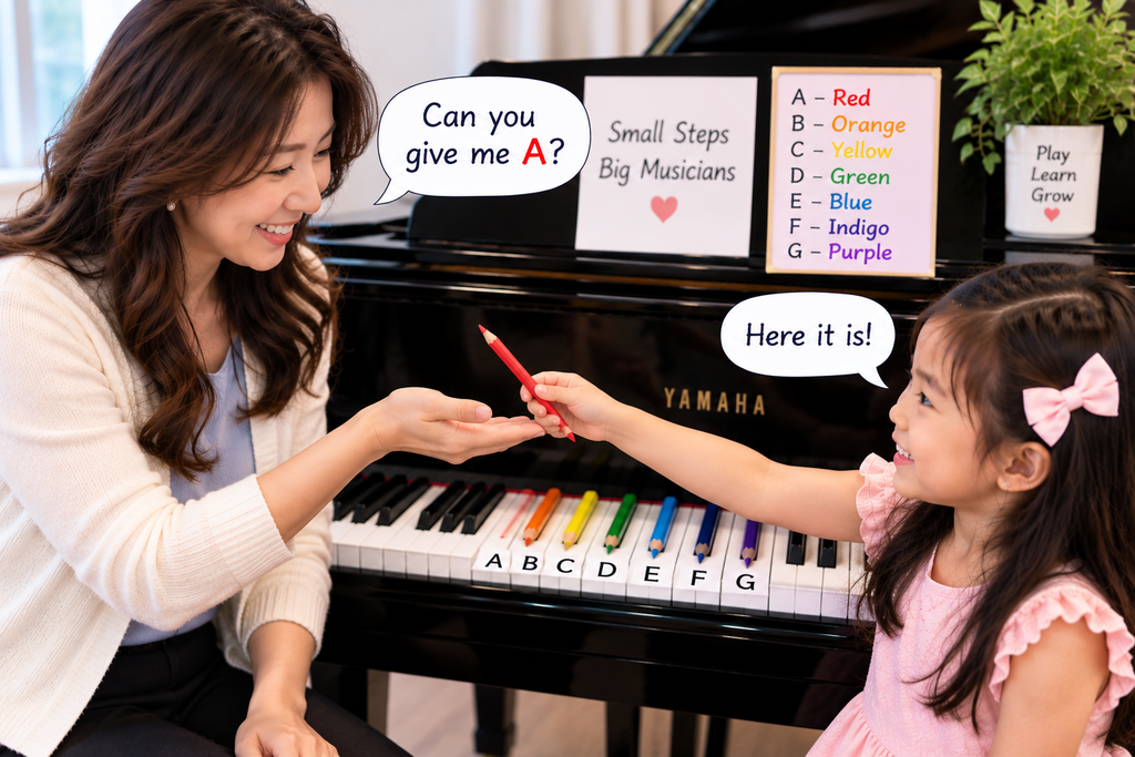 Child ready for piano lessons rainbow pencil test