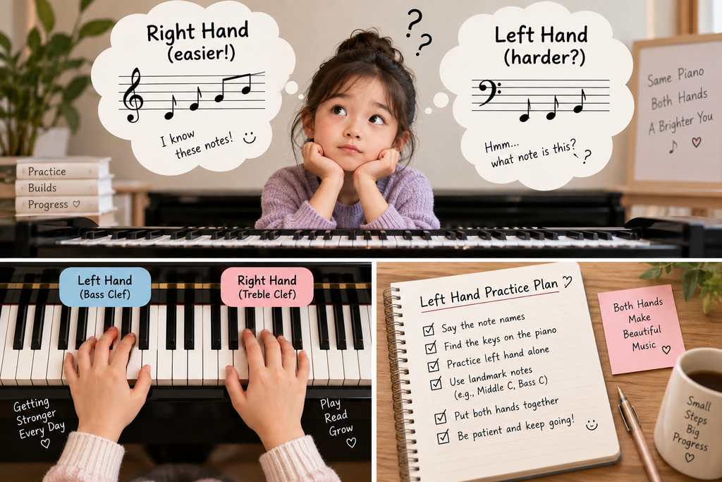Beginner piano student practicing left hand piano and bass cleft reading