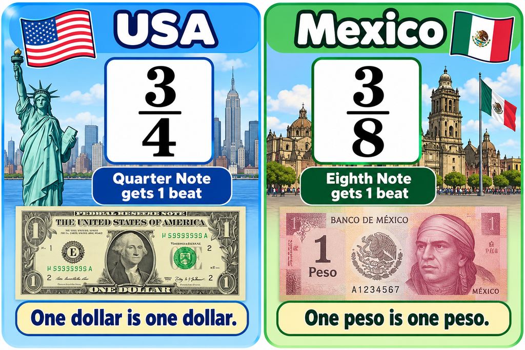 3/4 vs. 3/8 time signature comparison using USA dollars and Mexico pesos