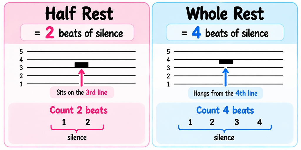 Piano Rests: half rest and whole rest comparison