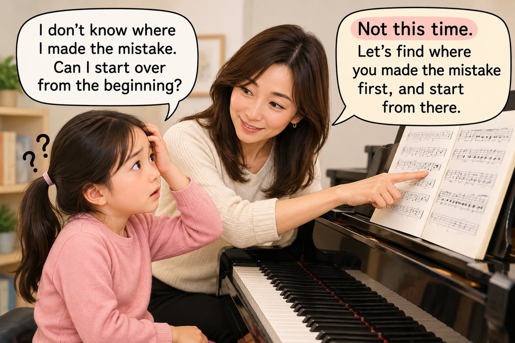 Piano students keep playing wrong notes and learn how to correct mistakes during a piano lesson