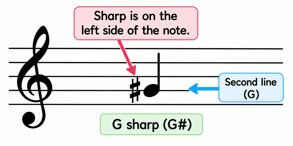 What does a sharp mean in music? G sharp on the second line of the treble staff, with the sharp sign to the left of the note.